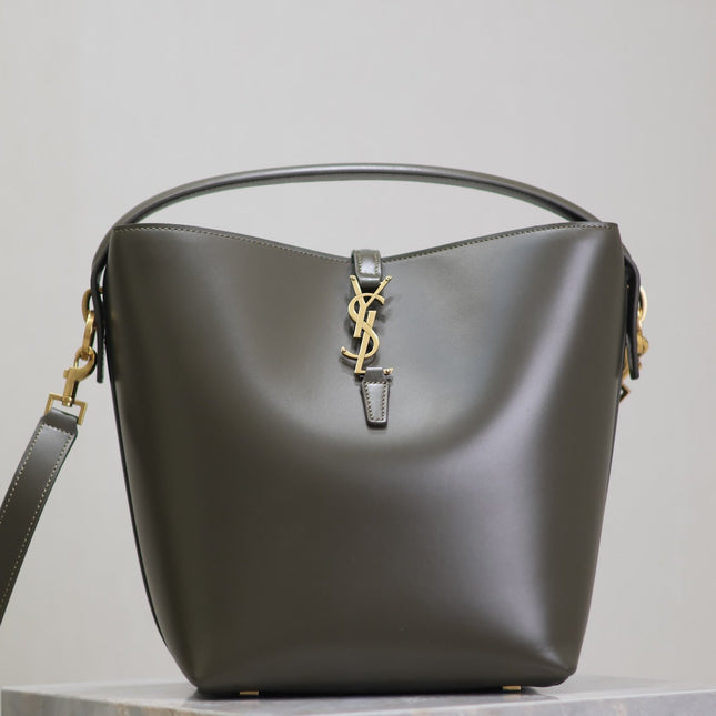 YSL 25S LE 5 À 7 BUCKET 26 IN DARK OLIVE CALFSKIN GOLD HARDWARE