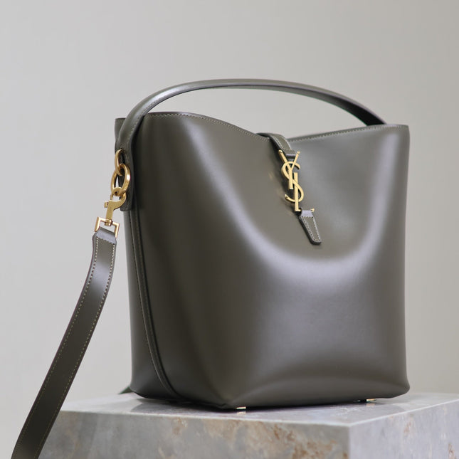YSL 25S LE 5 À 7 BUCKET 26 IN DARK OLIVE CALFSKIN GOLD HARDWARE