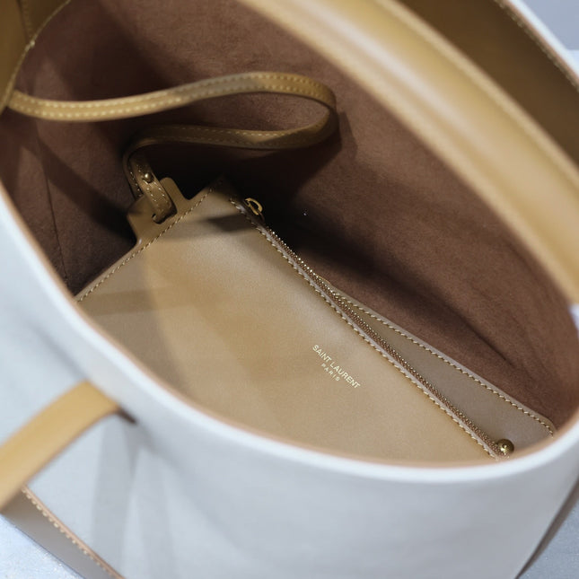 YSL 25S LE 5 À 7 BUCKET 26 IN CREAM BROWN CALFSKIN AND CANVAS GOLD HARDWARE