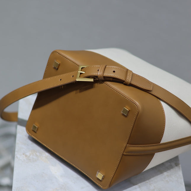 YSL 25S LE 5 À 7 BUCKET 26 IN CREAM BROWN CALFSKIN AND CANVAS GOLD HARDWARE