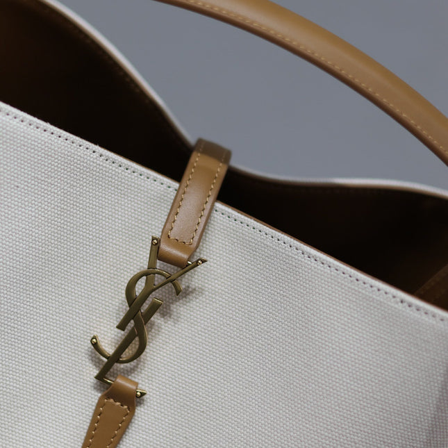 YSL 25S LE 5 À 7 BUCKET 26 IN CREAM BROWN CALFSKIN AND CANVAS GOLD HARDWARE
