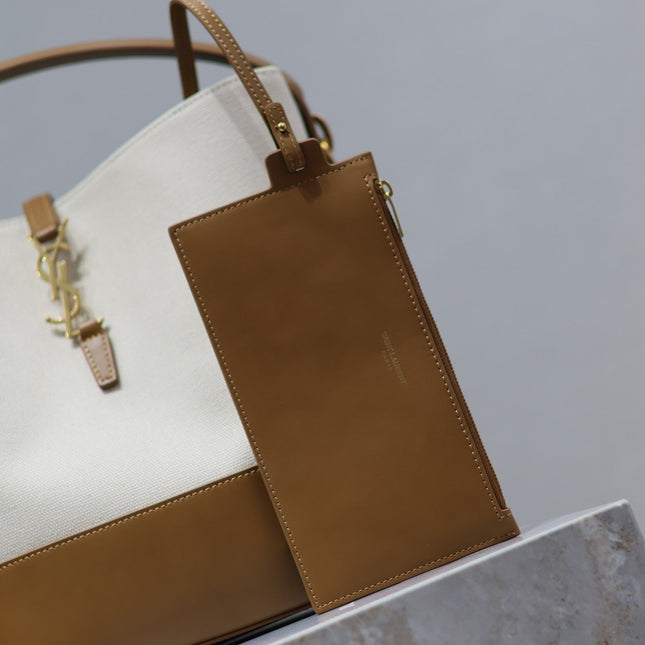 YSL 25S LE 5 À 7 BUCKET 26 IN CREAM BROWN CALFSKIN AND CANVAS GOLD HARDWARE