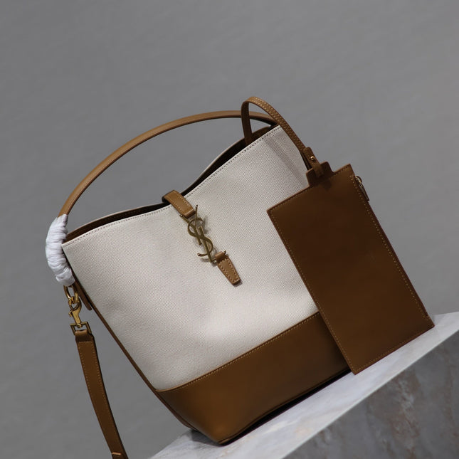 YSL 25S LE 5 À 7 BUCKET 26 IN CREAM BROWN CALFSKIN AND CANVAS GOLD HARDWARE