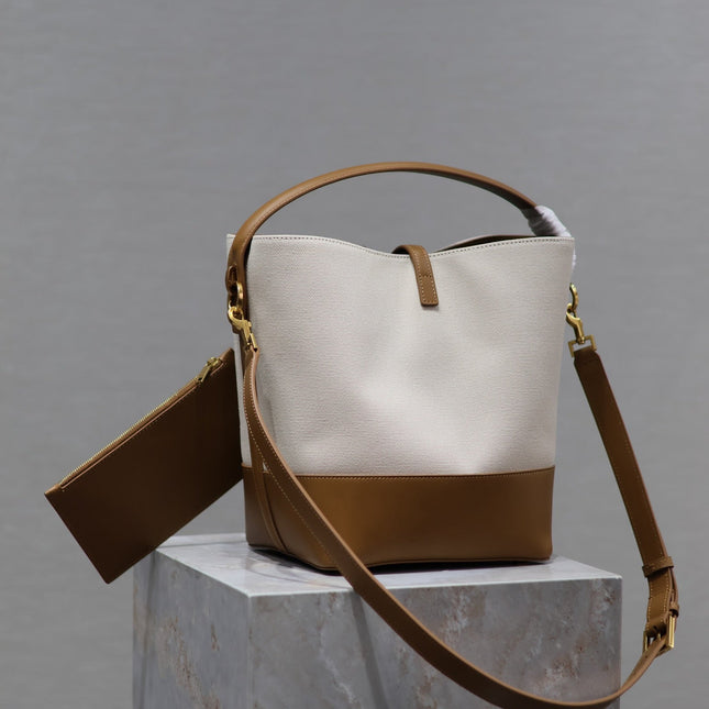 YSL 25S LE 5 À 7 BUCKET 26 IN CREAM BROWN CALFSKIN AND CANVAS GOLD HARDWARE