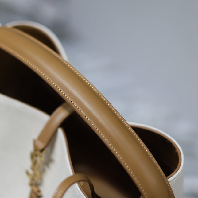 YSL 25S LE 5 À 7 BUCKET 26 IN CREAM BROWN CALFSKIN AND CANVAS GOLD HARDWARE