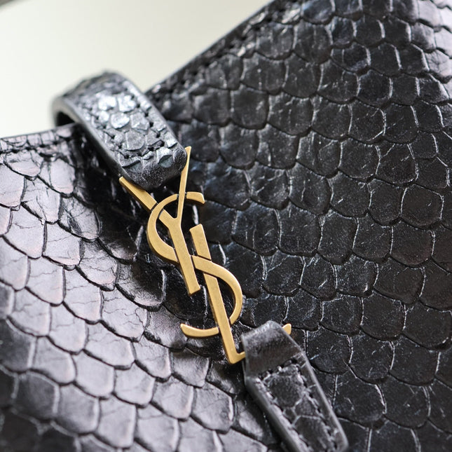 YSL 25S LE 37 BUCKET 15 IN BLACK SNAKE EMBOSSED CALFSKIN GOLD HARDWARE