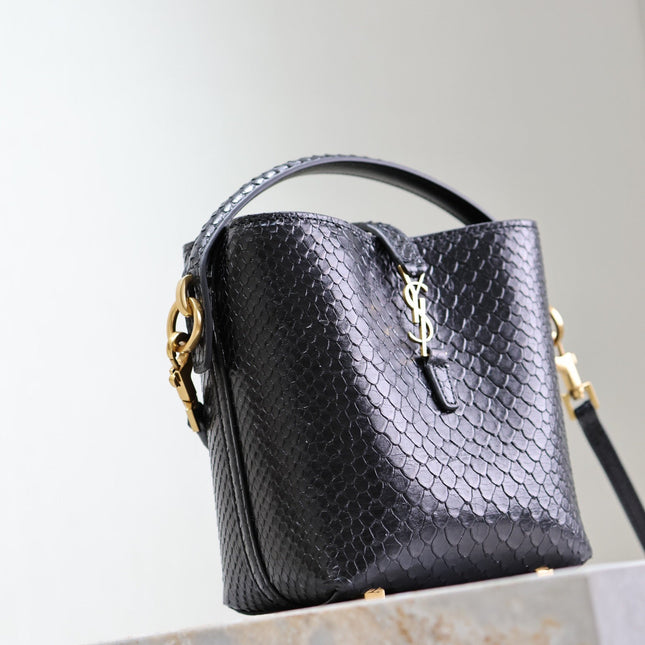 YSL 25S LE 37 BUCKET 15 IN BLACK SNAKE EMBOSSED CALFSKIN GOLD HARDWARE