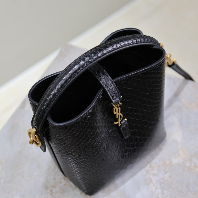 YSL 25S LE 37 BUCKET 15 IN BLACK SNAKE EMBOSSED CALFSKIN GOLD HARDWARE