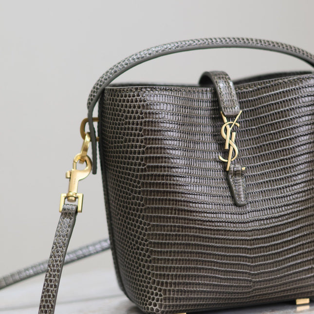 YSL 25S LE 37 MINI 15 IN BROWN LIZARD PATTERN CALFSKIN GOLD HARDWARE