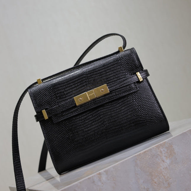 YSL 25S MINI MANHATTAN 19 IN BLACK SHINY CROCODILE CALFSKIN GOLD HARDWARE