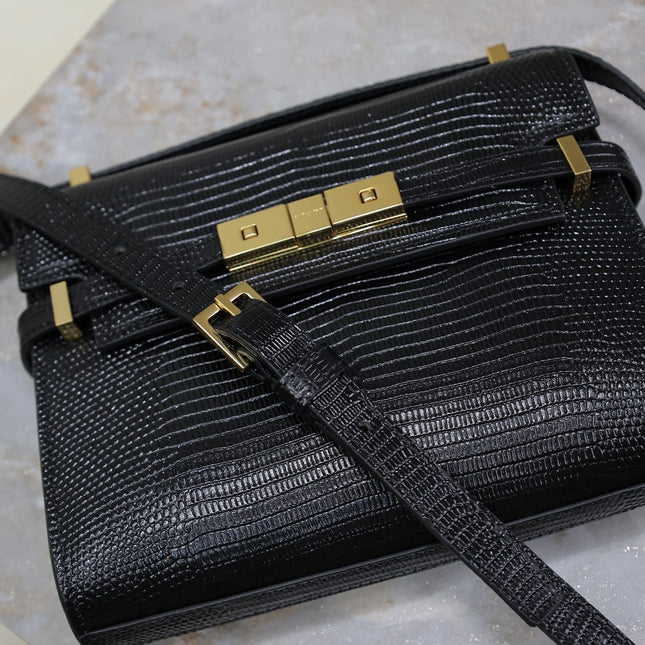YSL 25S MINI MANHATTAN 19 IN BLACK SHINY CROCODILE CALFSKIN GOLD HARDWARE