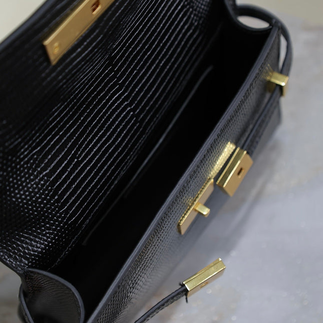 YSL 25S MINI MANHATTAN 19 IN BLACK SHINY CROCODILE CALFSKIN GOLD HARDWARE