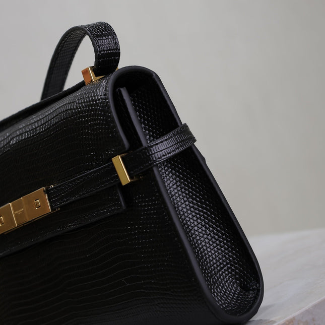 YSL 25S MINI MANHATTAN 19 IN BLACK SHINY CROCODILE CALFSKIN GOLD HARDWARE