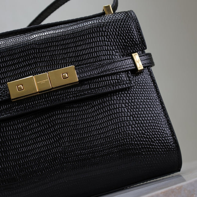 YSL 25S MINI MANHATTAN 19 IN BLACK SHINY CROCODILE CALFSKIN GOLD HARDWARE