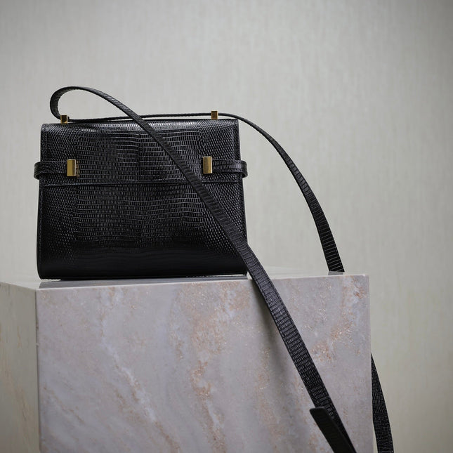 YSL 25S MINI MANHATTAN 19 IN BLACK SHINY CROCODILE CALFSKIN GOLD HARDWARE