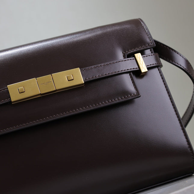 YSL 25S MANHATTAN SMALL 24 IN ROUGE CABERNET CALFSKIN GOLD HARDWARE