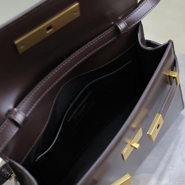 YSL 25S MANHATTAN SMALL 24 IN ROUGE CABERNET CALFSKIN GOLD HARDWARE