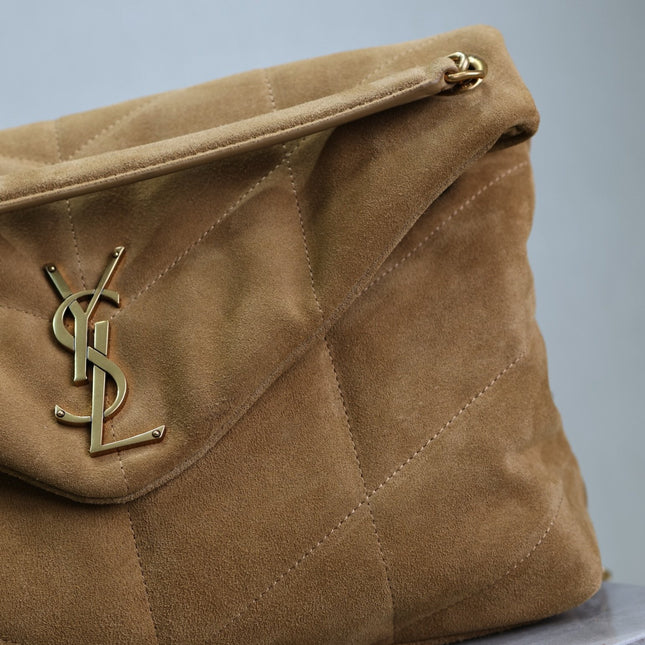 YSL 25S LOULOU PUFFER GM 35 IN TAN BROWN SUEDE GOLD HARDWARE