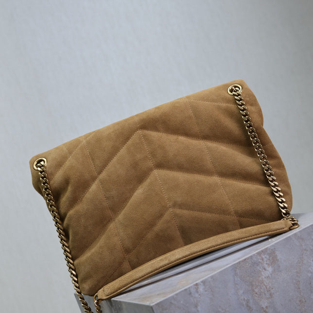 YSL 25S LOULOU PUFFER GM 35 IN TAN BROWN SUEDE GOLD HARDWARE