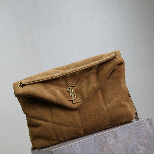 YSL 25S LOULOU PUFFER GM 35 IN TAN BROWN SUEDE GOLD HARDWARE