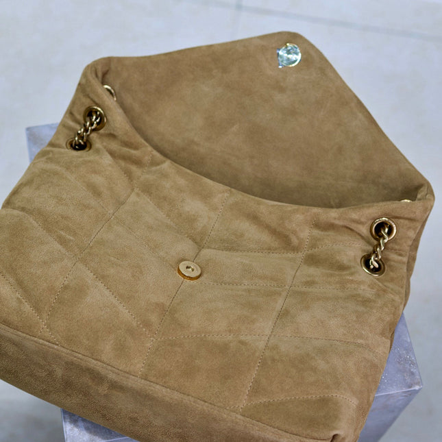 YSL 25S LOULOU PUFFER GM 35 IN TAN BROWN SUEDE GOLD HARDWARE