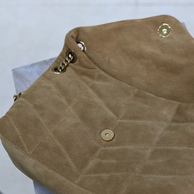 YSL 25S LOULOU PUFFER MM 29 IN TAN BROWN SUEDE GOLD HARDWARE