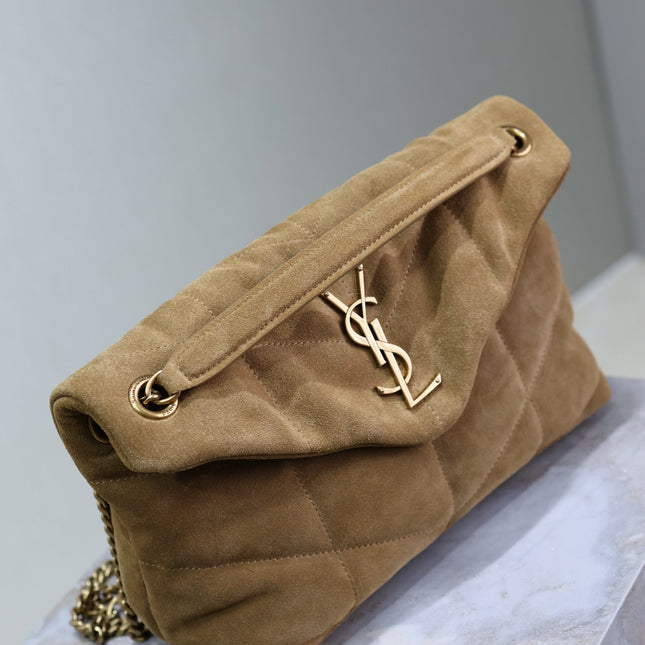 YSL 25S LOULOU PUFFER MM 29 IN TAN BROWN SUEDE GOLD HARDWARE