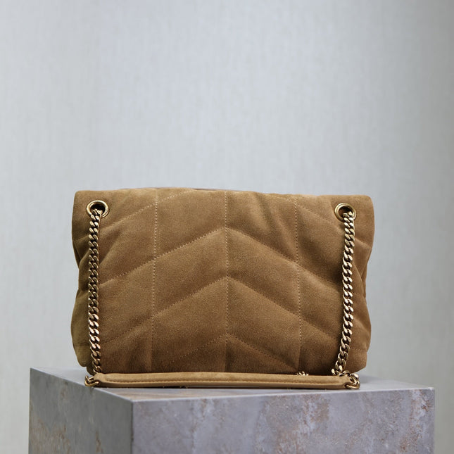 YSL 25S LOULOU PUFFER MM 29 IN TAN BROWN SUEDE GOLD HARDWARE