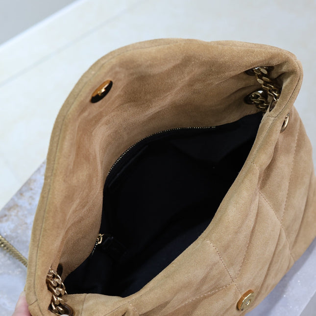 YSL 25S LOULOU PUFFER MM 29 IN TAN BROWN SUEDE GOLD HARDWARE