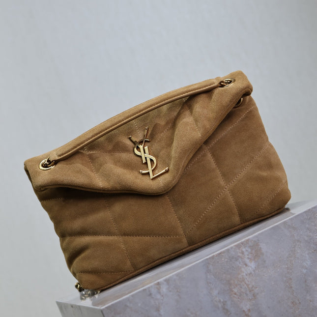 YSL 25S LOULOU PUFFER MM 29 IN TAN BROWN SUEDE GOLD HARDWARE
