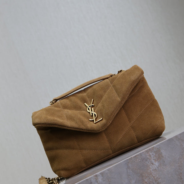 YSL 25S LOULOU PUFFER MINI 23 IN TAN BROWN SUEDE GOLD HARDWARE