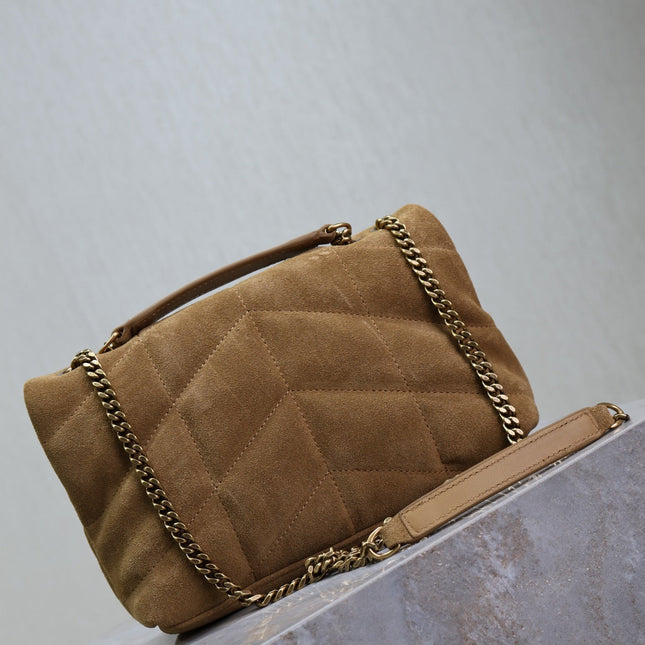 YSL 25S LOULOU PUFFER MINI 23 IN TAN BROWN SUEDE GOLD HARDWARE