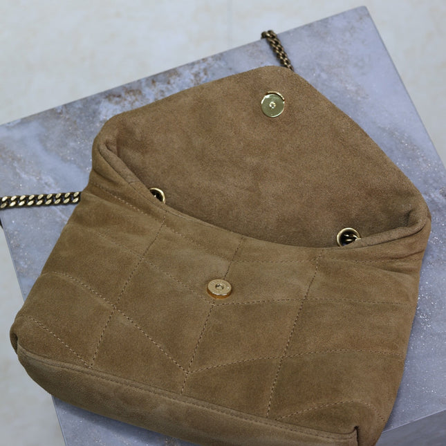 YSL 25S LOULOU PUFFER MINI 23 IN TAN BROWN SUEDE GOLD HARDWARE