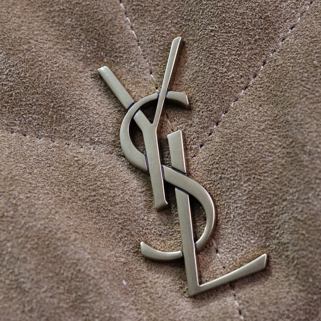 YSL 25S LOULOU PUFFER MINI 23 IN TAN BROWN SUEDE GOLD HARDWARE