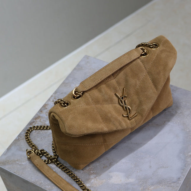 YSL 25S LOULOU PUFFER MINI 23 IN TAN BROWN SUEDE GOLD HARDWARE