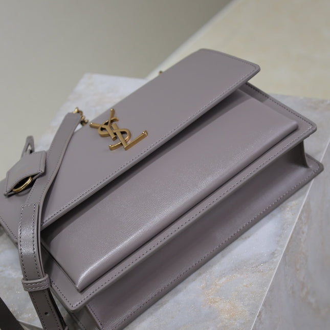YSL 25S SUNSET MM 25 IN GRAYISH PURPLE CALFSKIN GOLD HARDWARE