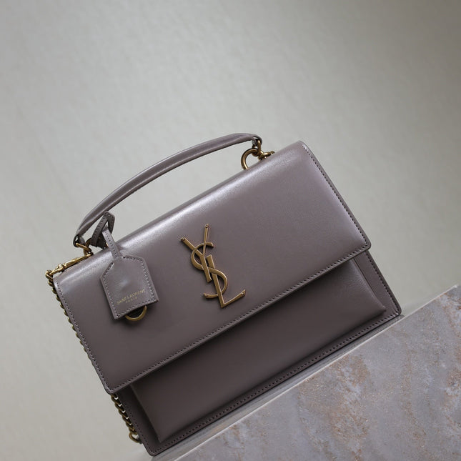 YSL 25S SUNSET MM 25 IN GRAYISH PURPLE CALFSKIN GOLD HARDWARE