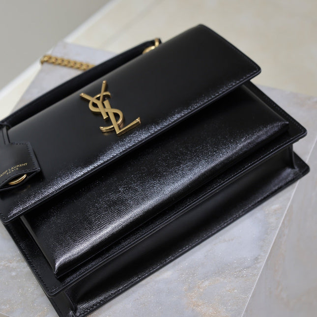 YSL 25S SUNSET MM 25 IN BLACK CALFSKIN GOLD HARDWARE