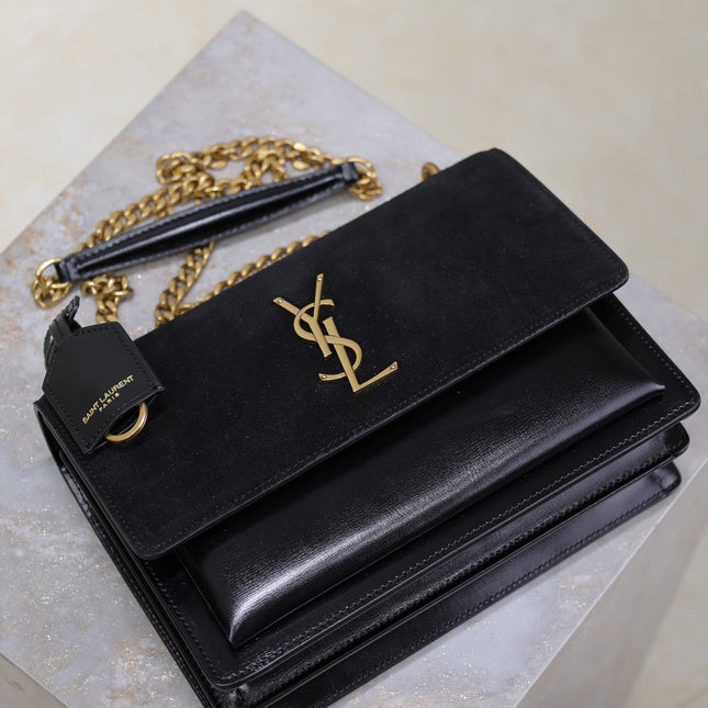YSL 25S SUNSET BAG 22 IN BLACK CALFSKIN AND SUEDE GOLD HARDWARE
