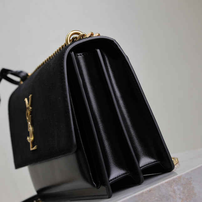 YSL 25S SUNSET BAG 22 IN BLACK CALFSKIN AND SUEDE GOLD HARDWARE