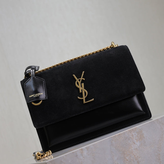 YSL 25S SUNSET BAG 22 IN BLACK CALFSKIN AND SUEDE GOLD HARDWARE