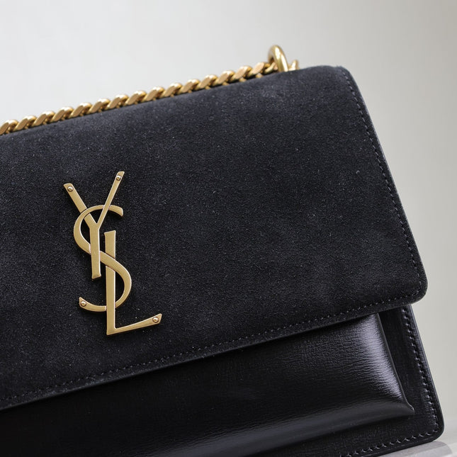 YSL 25S SUNSET BAG 22 IN BLACK CALFSKIN AND SUEDE GOLD HARDWARE