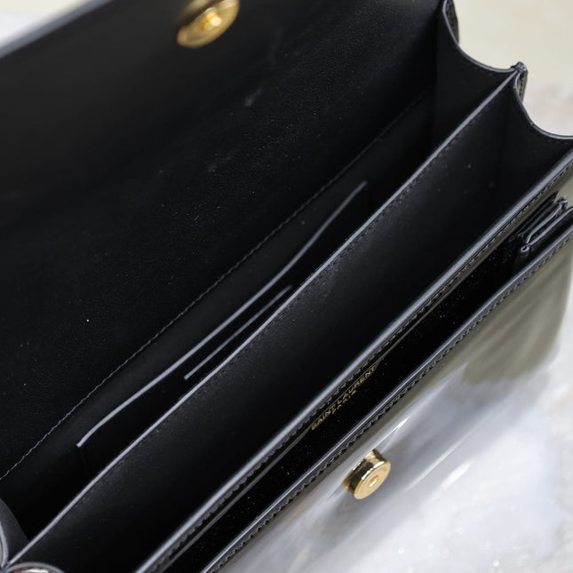 YSL 25S SUNSET MEDIUM 22 IN BLACK SHINY CALFSKIN GOLD HARDWARE
