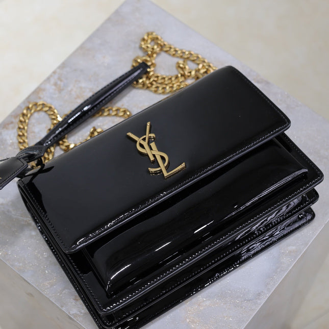 YSL 25S SUNSET MEDIUM 22 IN BLACK SHINY CALFSKIN GOLD HARDWARE