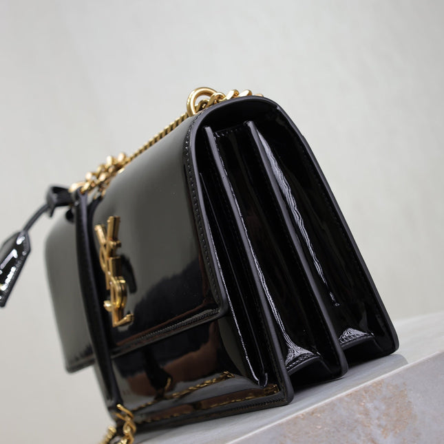 YSL 25S SUNSET MEDIUM 22 IN BLACK SHINY CALFSKIN GOLD HARDWARE