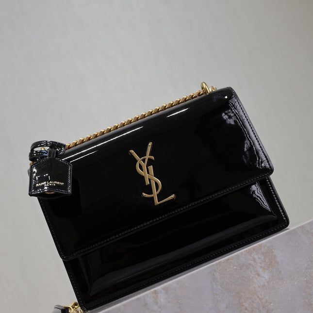 YSL 25S SUNSET MEDIUM 22 IN BLACK SHINY CALFSKIN GOLD HARDWARE