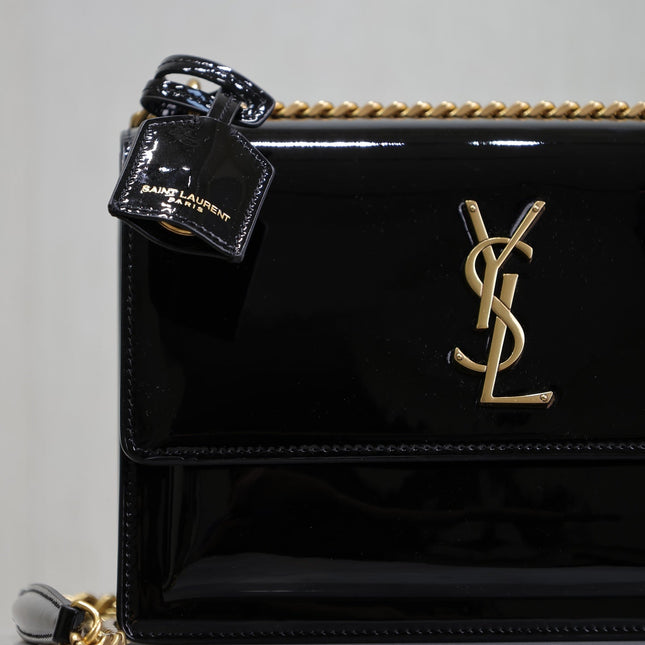YSL 25S SUNSET MEDIUM 22 IN BLACK SHINY CALFSKIN GOLD HARDWARE