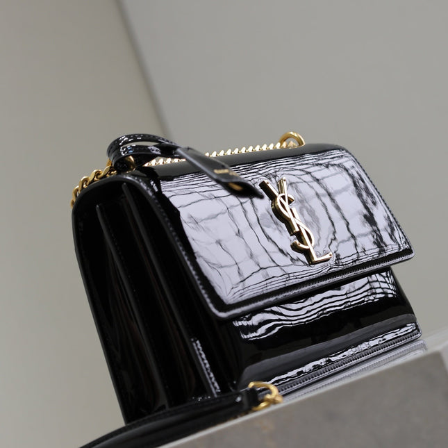 YSL 25S SUNSET MEDIUM 22 IN BLACK SHINY CALFSKIN GOLD HARDWARE
