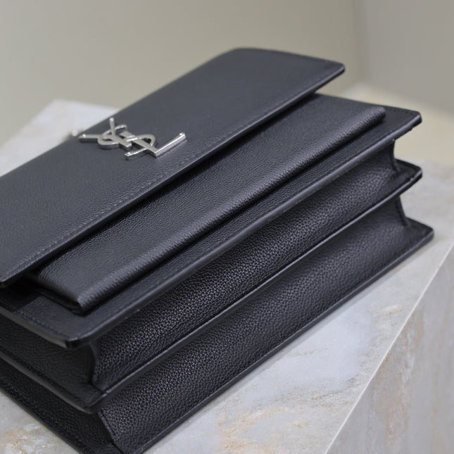 YSL 25S SUNSET MEDIUM 22 IN BLACK GRAINED CALFSKIN SILVER HARDWARE