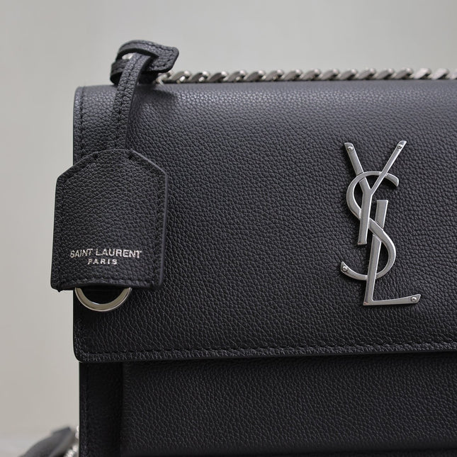 YSL 25S SUNSET MEDIUM 22 IN BLACK GRAINED CALFSKIN SILVER HARDWARE